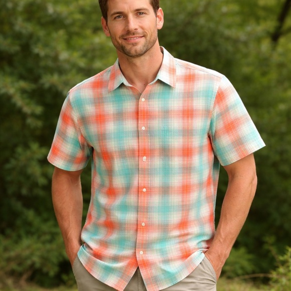 Patagonia Teal Orange Medium Plaid Short Sleeve Button Up Shirt Outdoor Casual